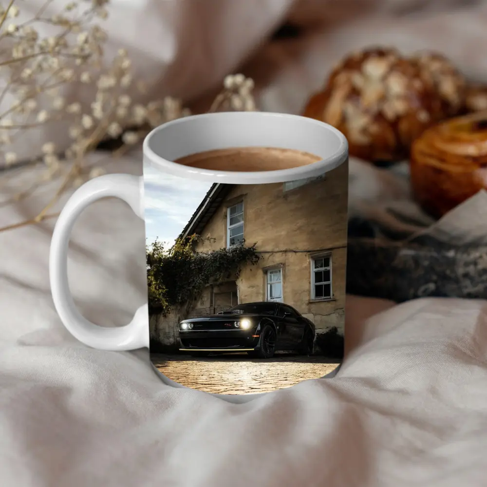 Dodge Challenger Black Muscle Car Old House – Mugs