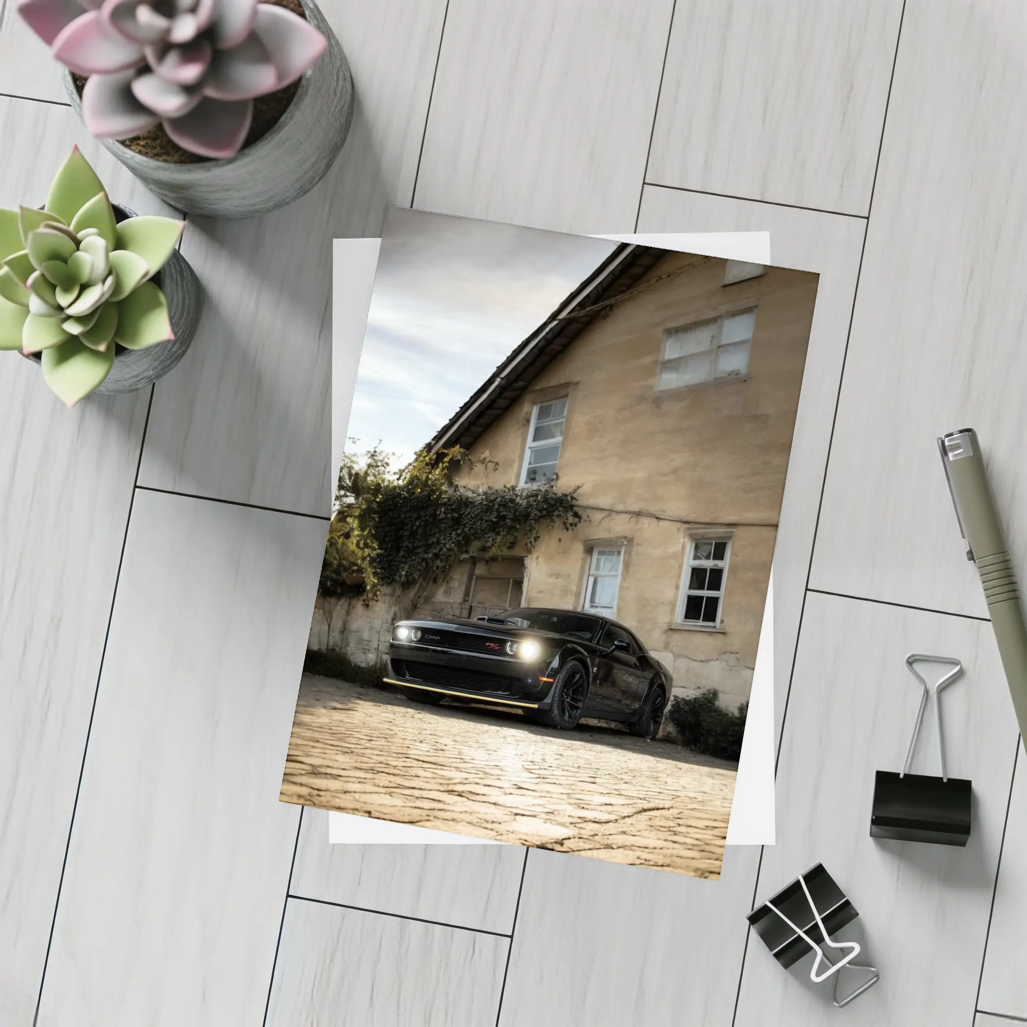 Dodge Challenger Black Muscle Car Old House – Postcards