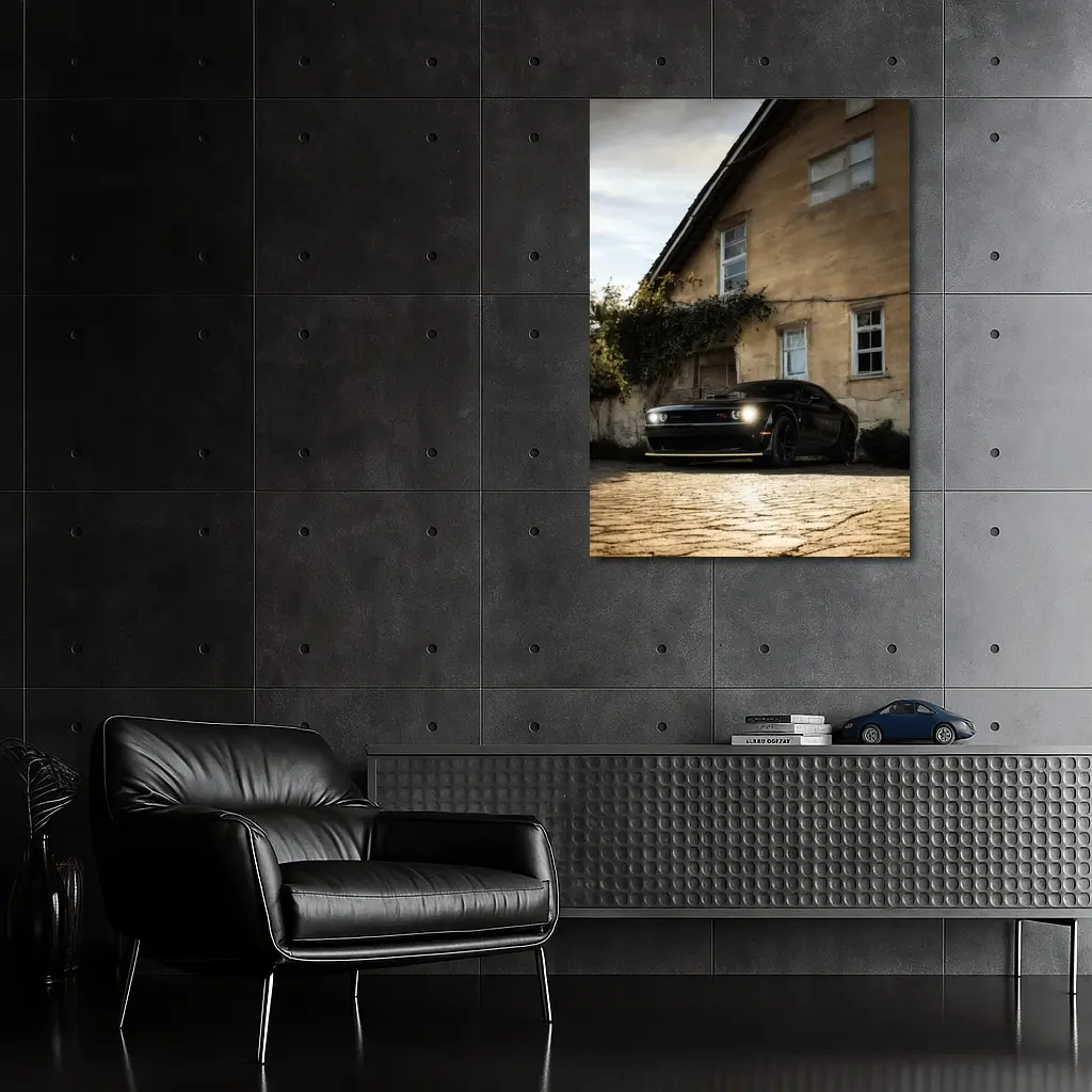 Dodge Challenger Black Muscle Car Old House – Wall Art