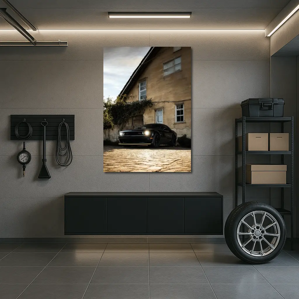 Dodge Challenger Black Muscle Car Old House – Wall Art