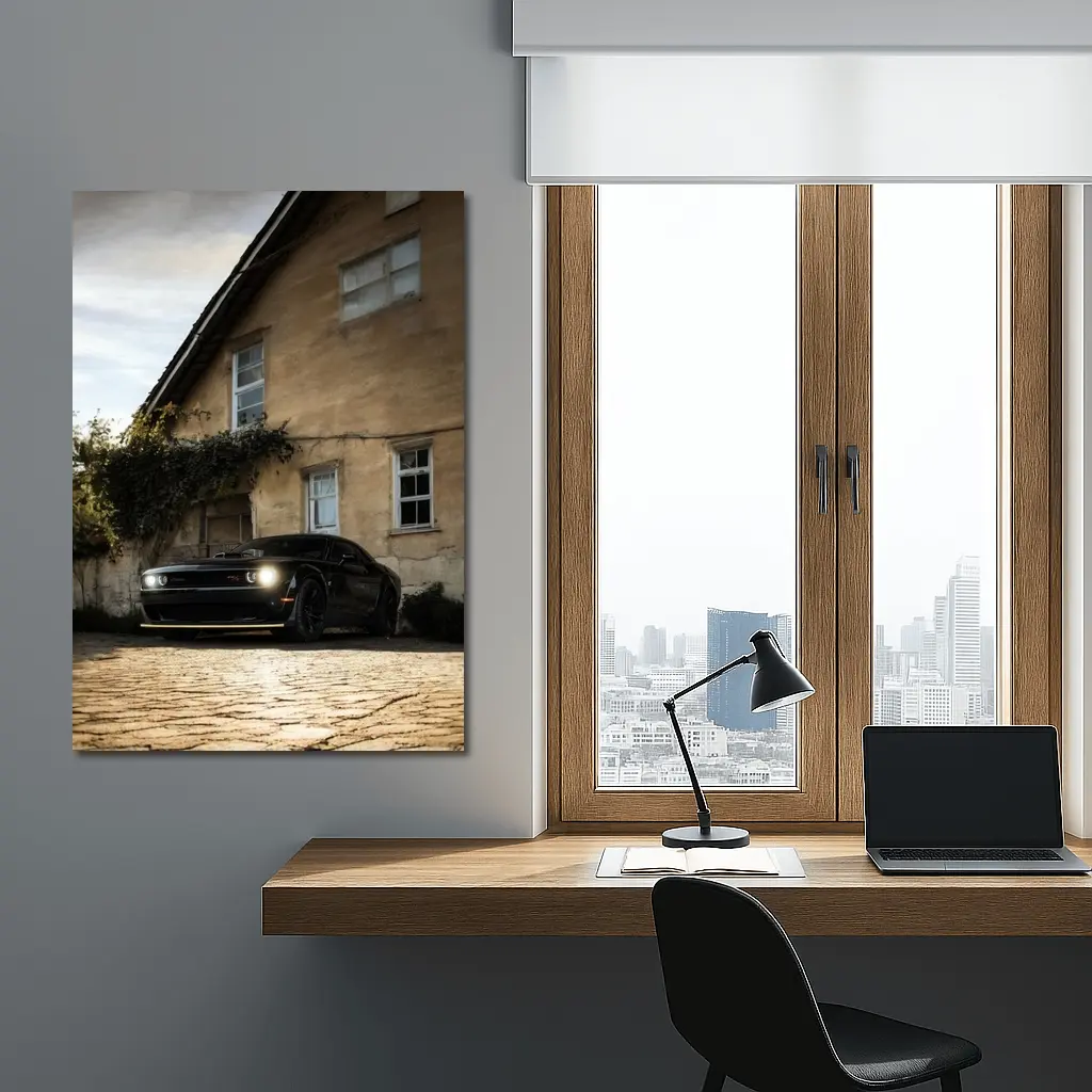 Dodge Challenger Black Muscle Car Old House – Wall Art