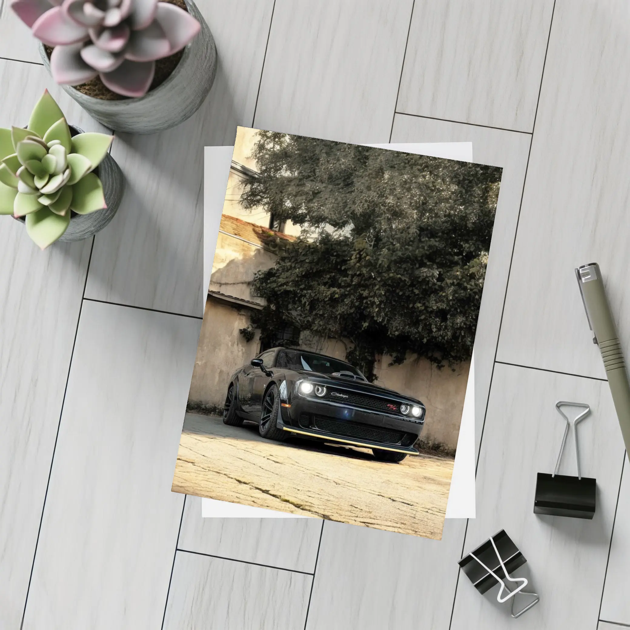 Dodge Challenger Black Muscle Car Old Courtyard – Postcards
