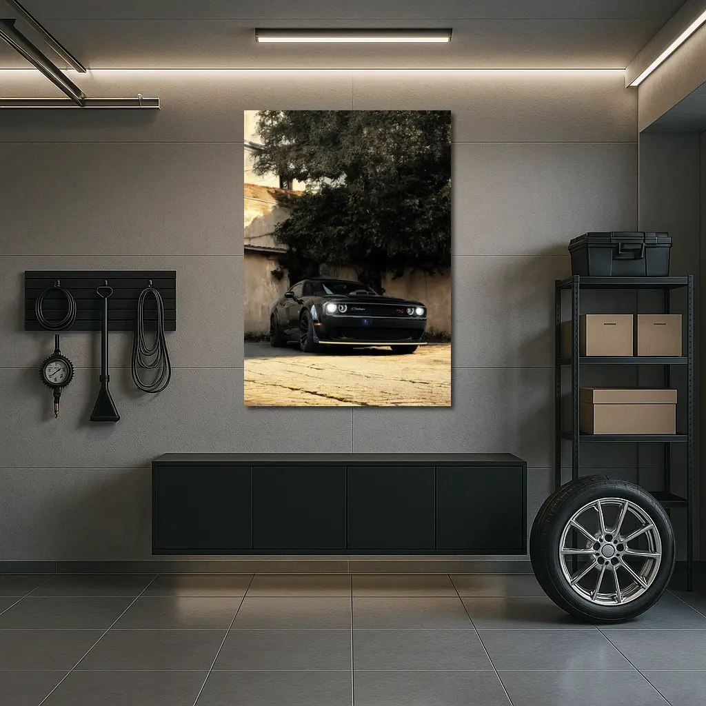 Dodge Challenger Black Muscle Car Old Courtyard – Wall Art