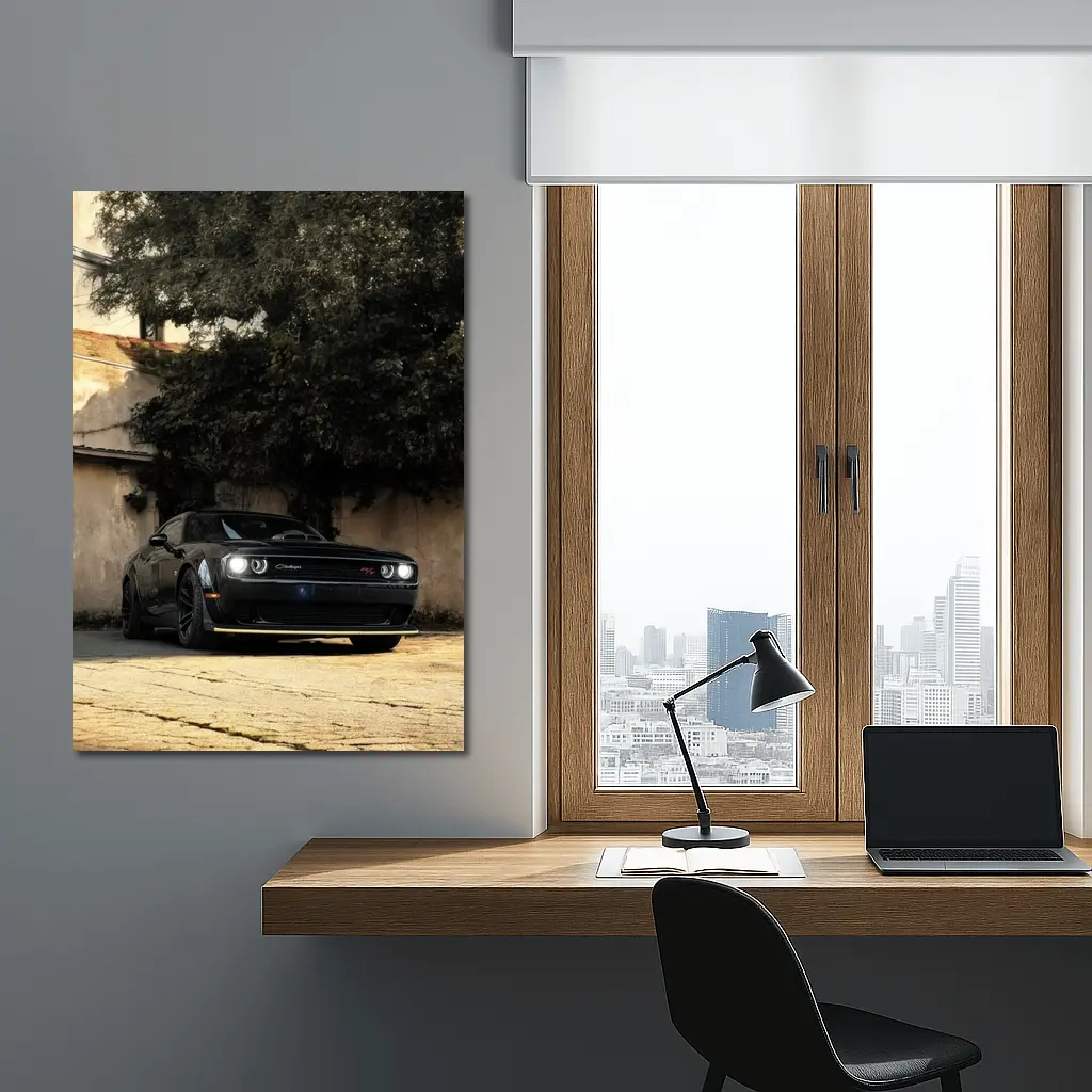 Dodge Challenger Black Muscle Car Old Courtyard – Wall Art