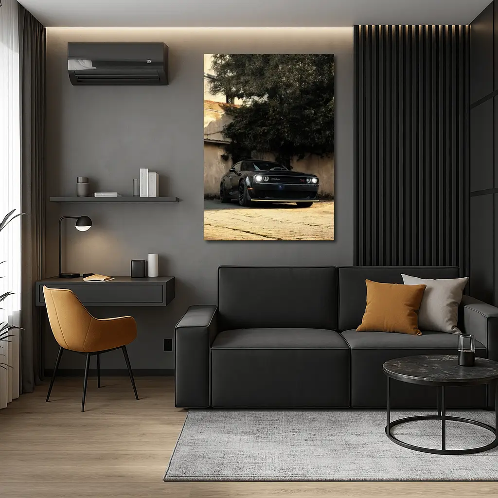 Dodge Challenger Black Muscle Car Old Courtyard – Wall Art