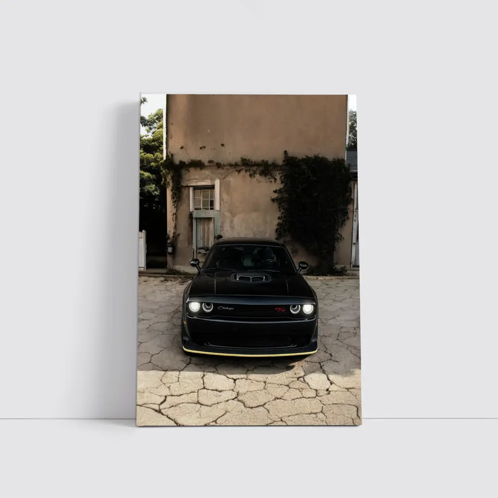 Black Dodge Challenger Parked Before Old House – Wall Art