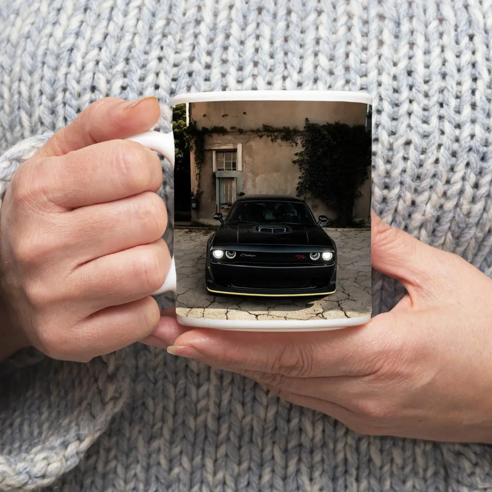 Black Dodge Challenger Parked Before Old House – Mugs