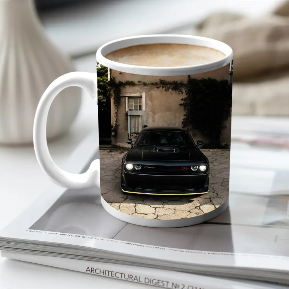 Black Dodge Challenger Parked Before Old House – Mugs