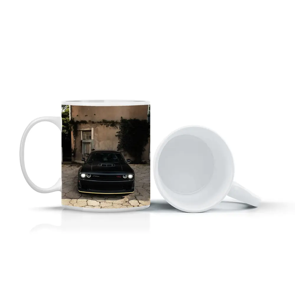 Black Dodge Challenger Parked Before Old House – Mugs