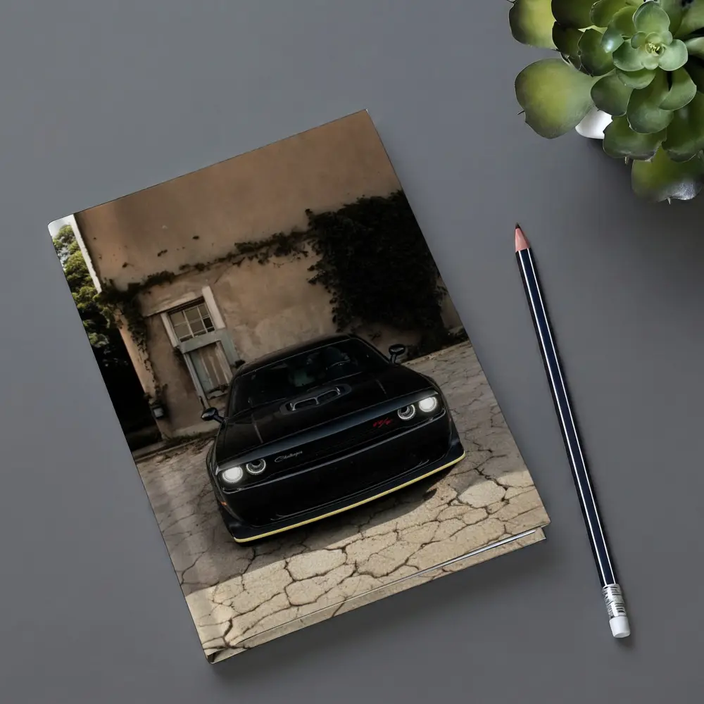 Black Dodge Challenger Parked Before Old House – Notebooks