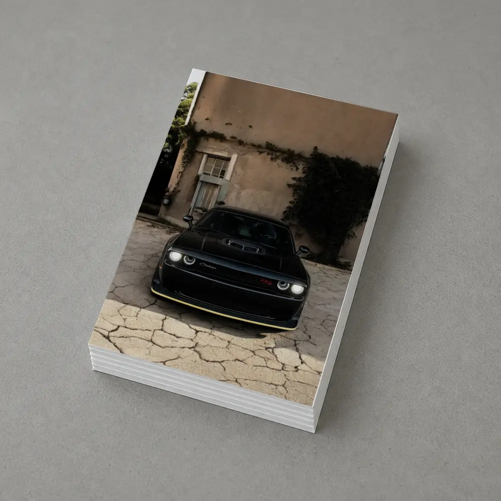 Black Dodge Challenger Parked Before Old House – Postcards