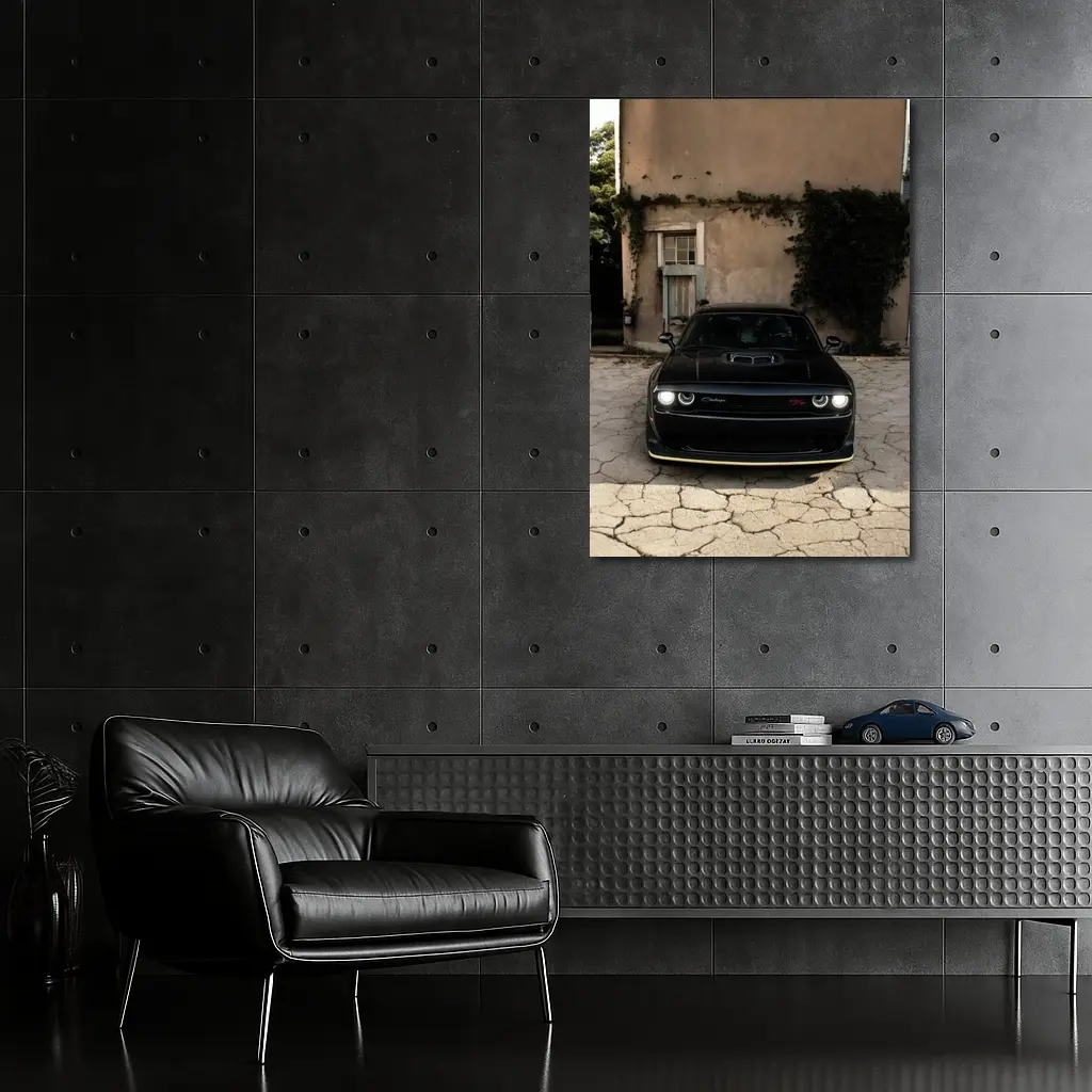 Black Dodge Challenger Parked Before Old House – Wall Art