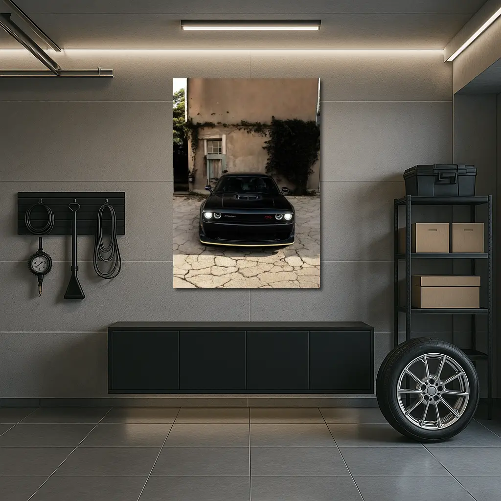 Black Dodge Challenger Parked Before Old House – Wall Art