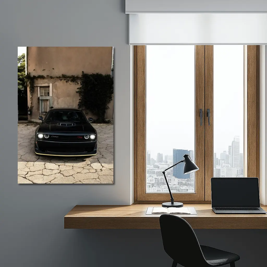 Black Dodge Challenger Parked Before Old House – Wall Art