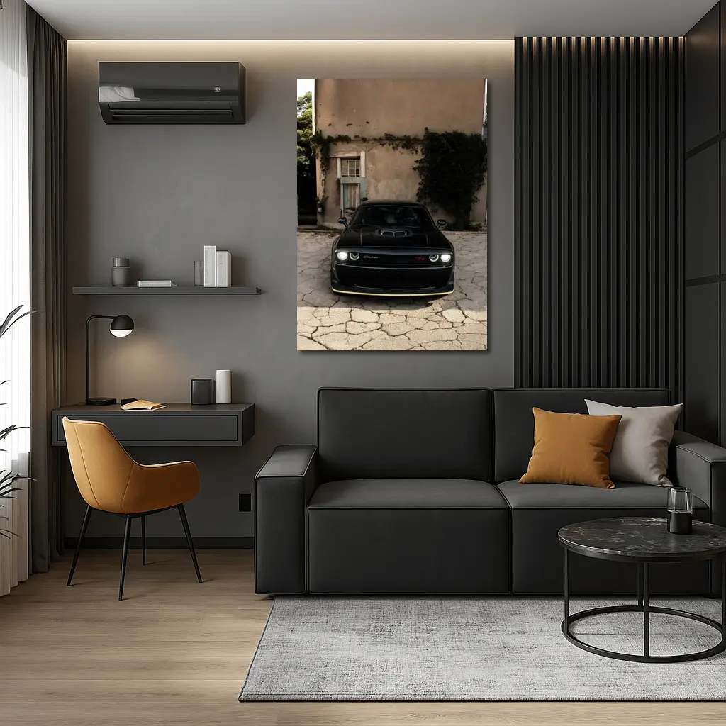 Black Dodge Challenger Parked Before Old House – Wall Art