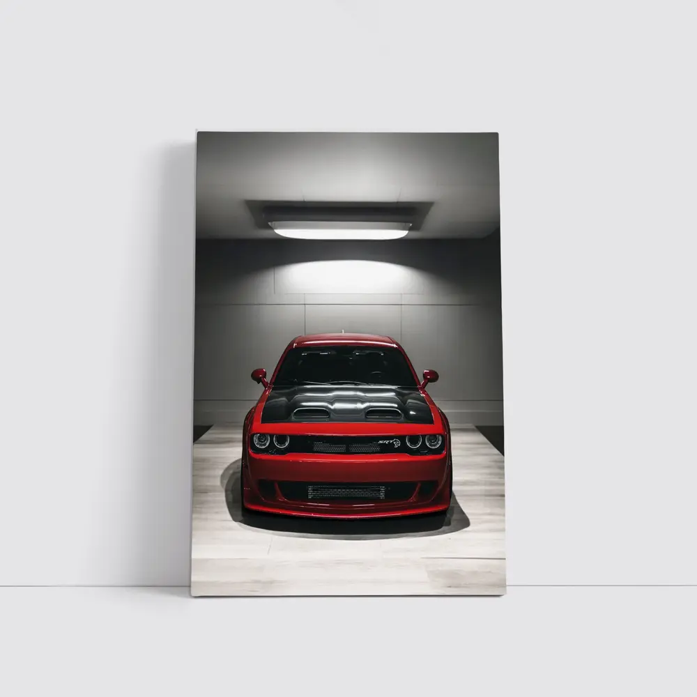 Red Dodge Challenger SRT Parked Indoor Garage – Wall Art