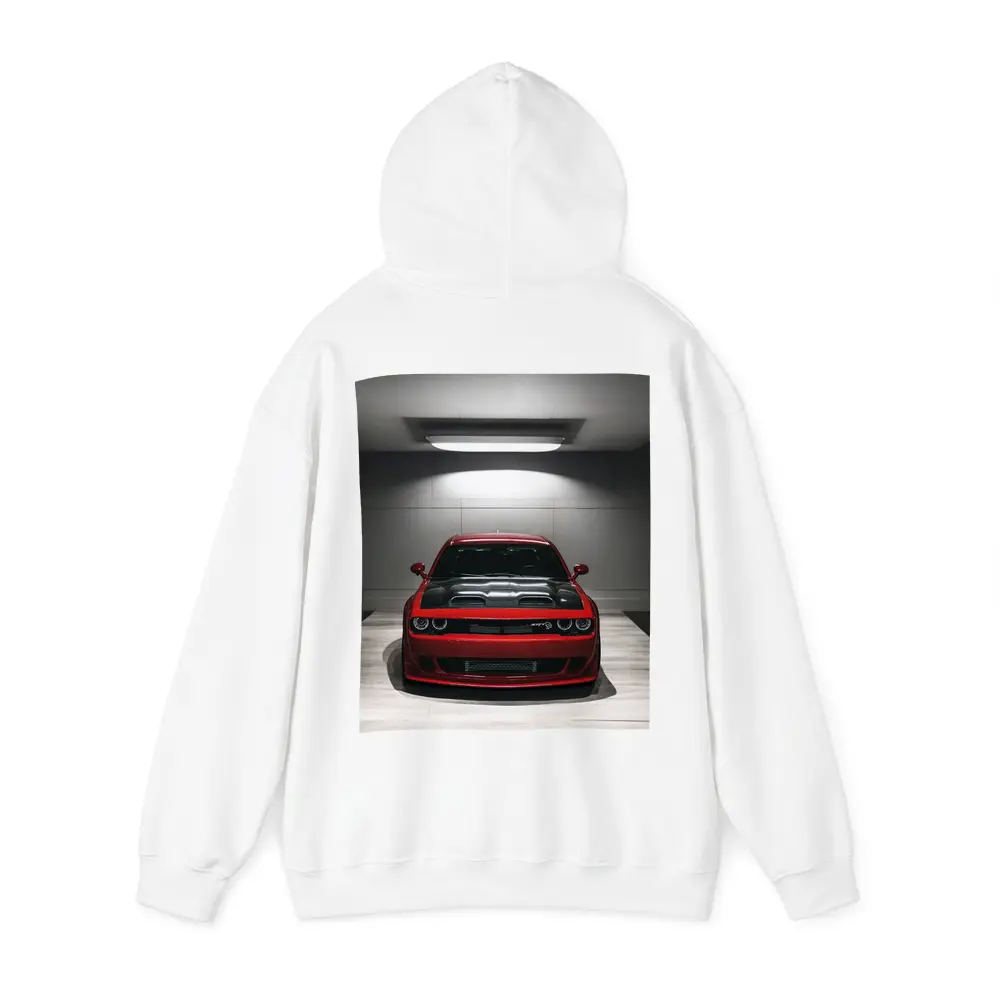 Red Dodge Challenger SRT Parked Indoor Garage – Hoodies