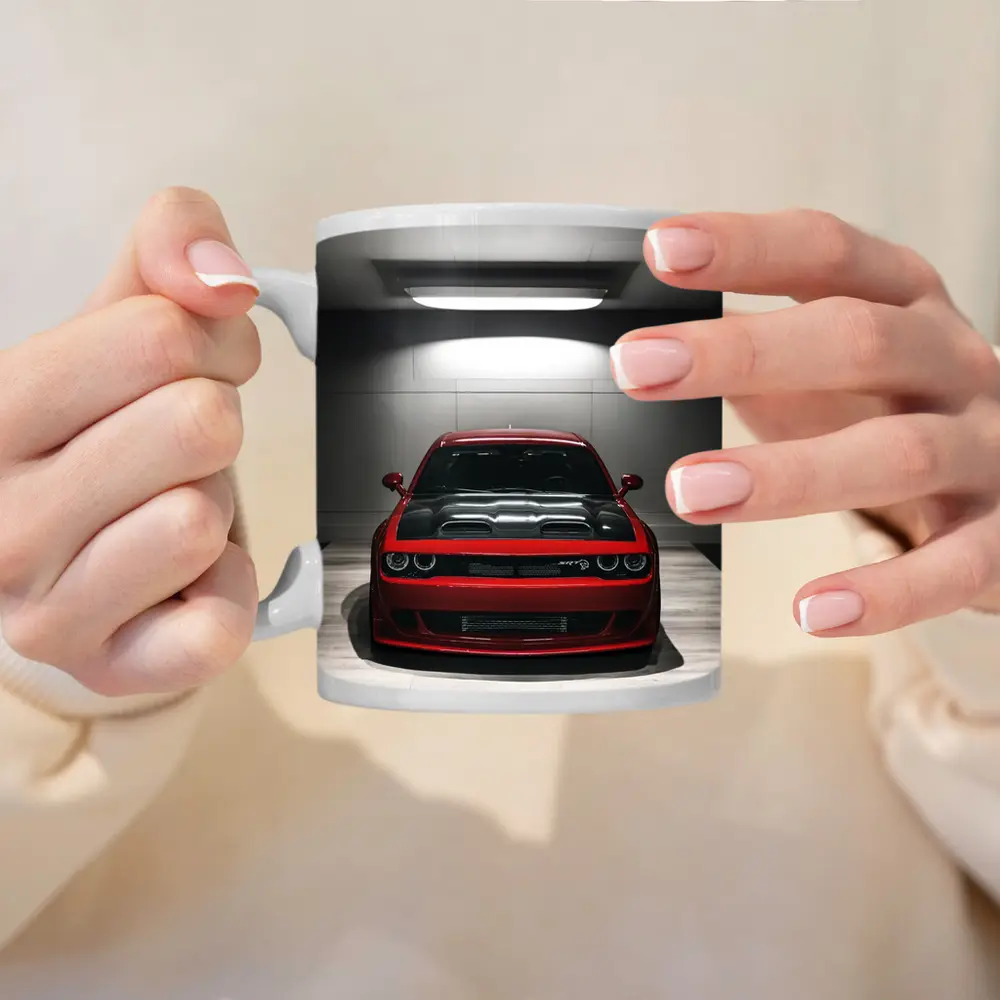 Red Dodge Challenger SRT Parked Indoor Garage – Mugs