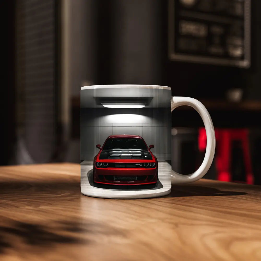 Red Dodge Challenger SRT Parked Indoor Garage – Mugs