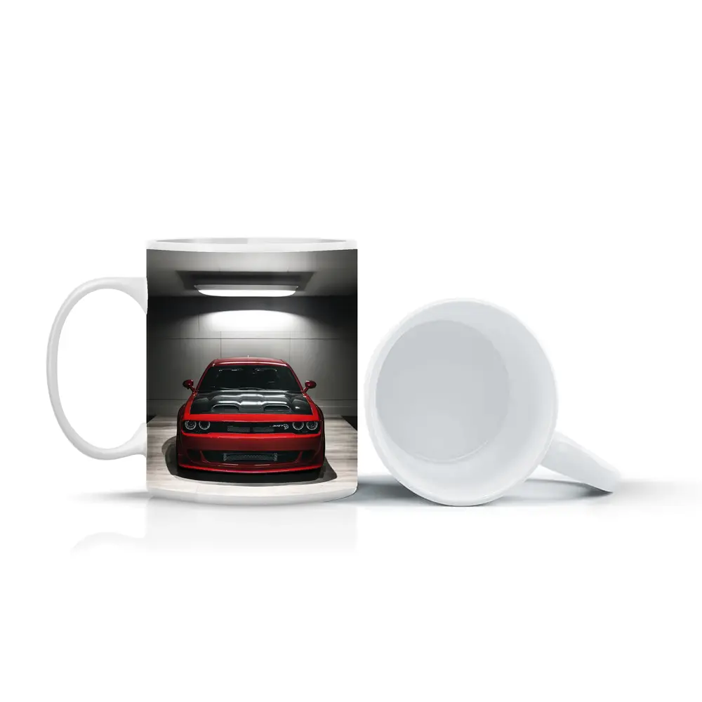 Red Dodge Challenger SRT Parked Indoor Garage – Mugs