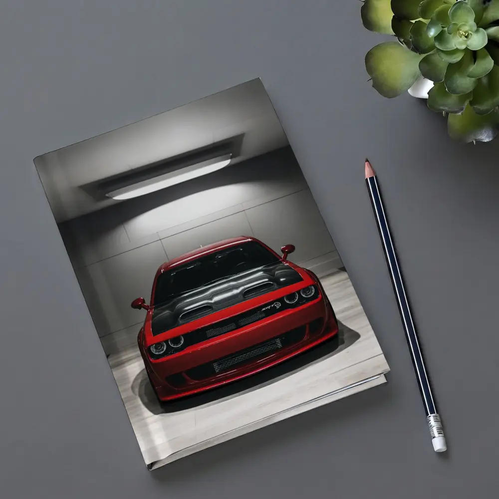 Red Dodge Challenger SRT Parked Indoor Garage – Notebooks