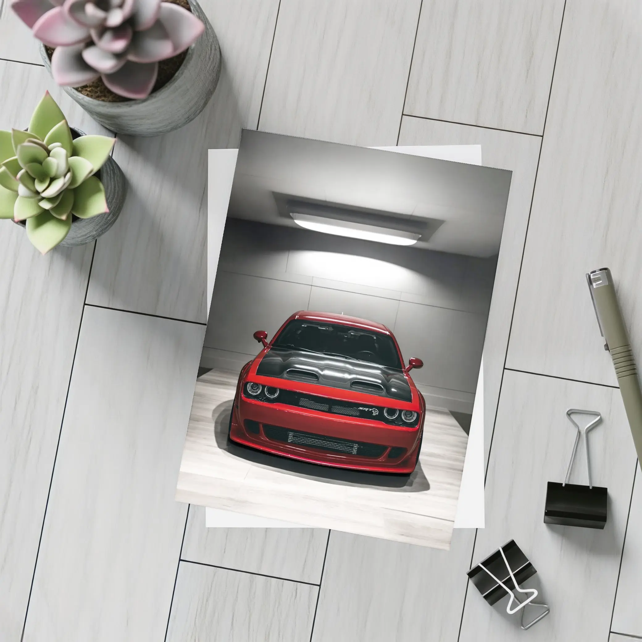 Red Dodge Challenger SRT Parked Indoor Garage – Postcards