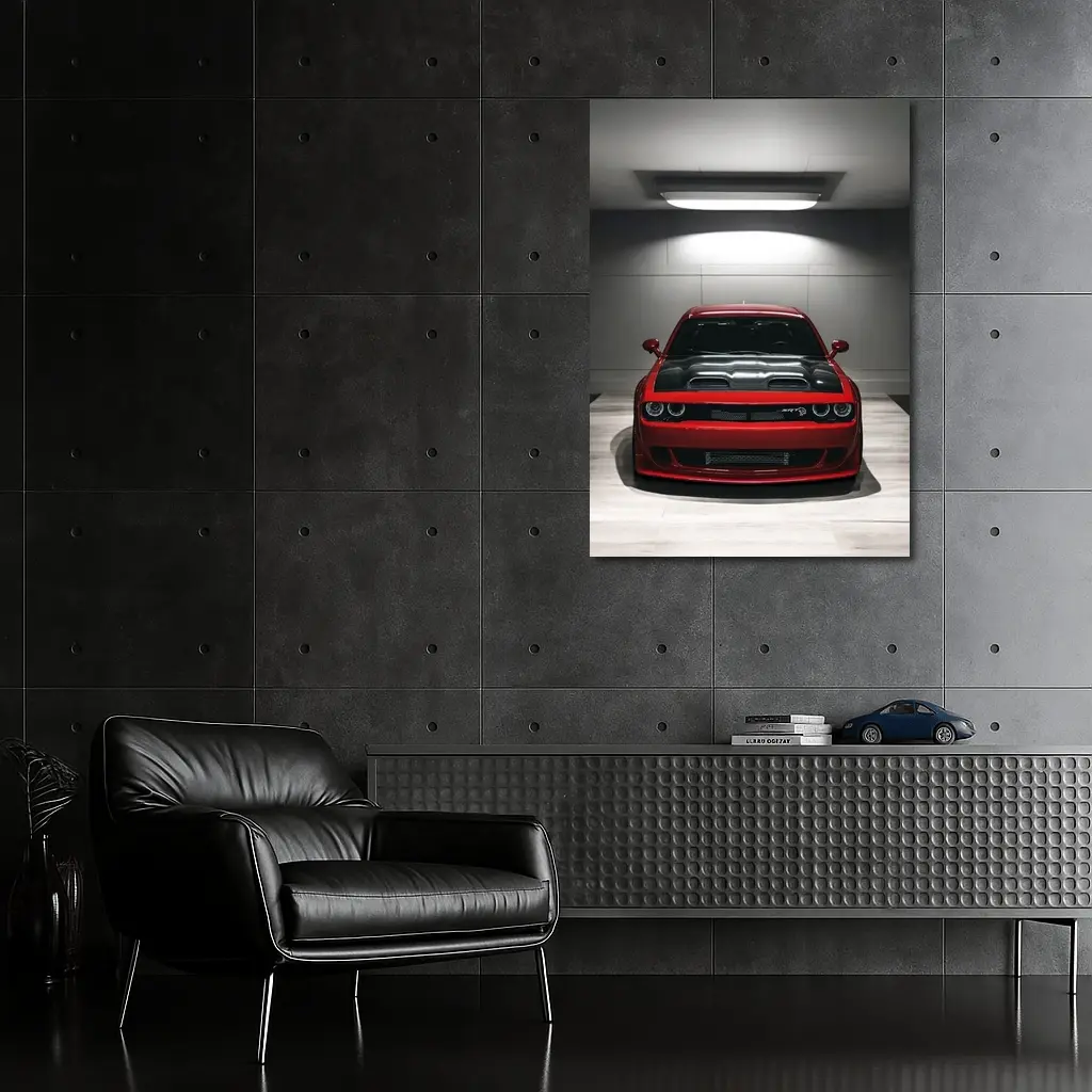 Red Dodge Challenger SRT Parked Indoor Garage – Wall Art
