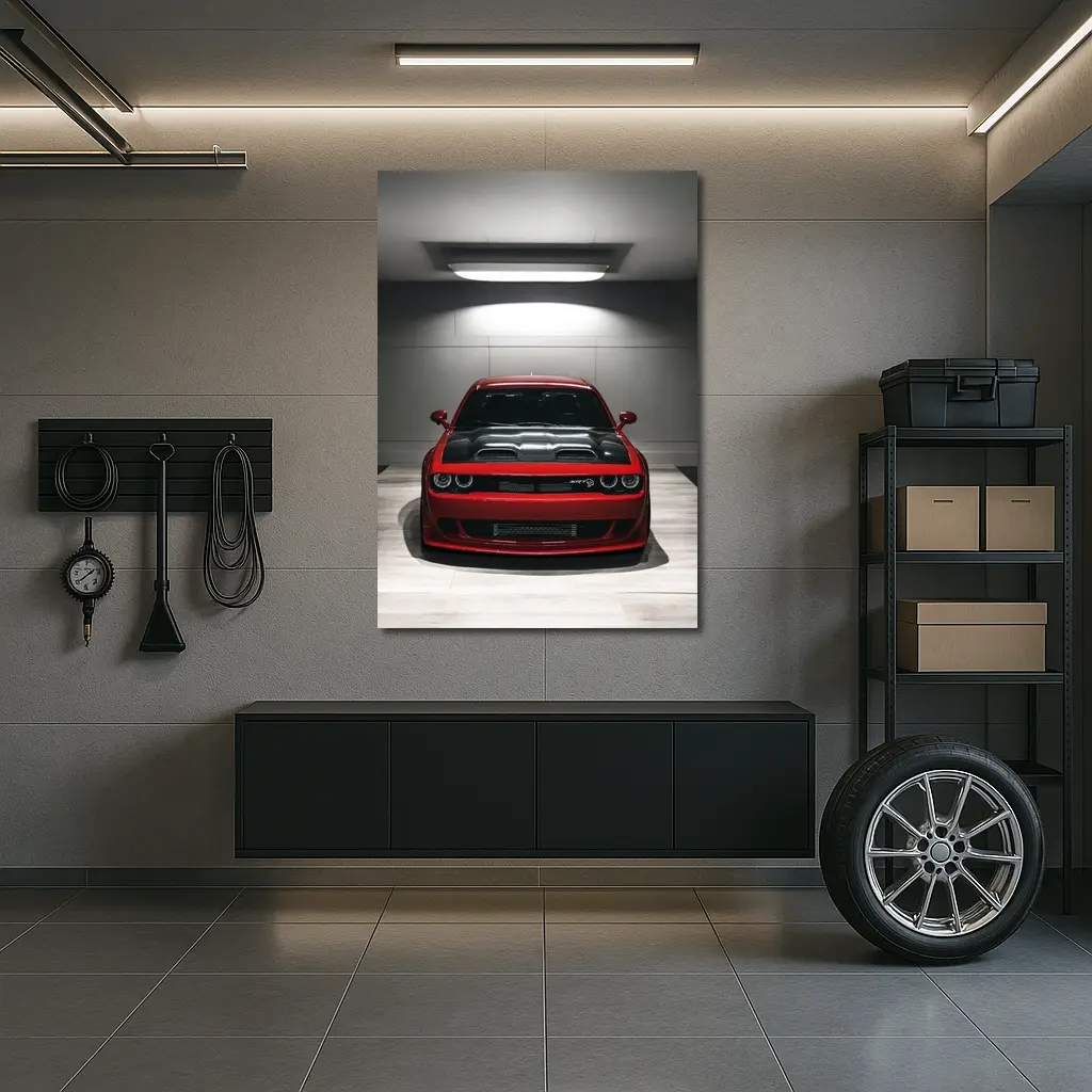 Red Dodge Challenger SRT Parked Indoor Garage – Wall Art