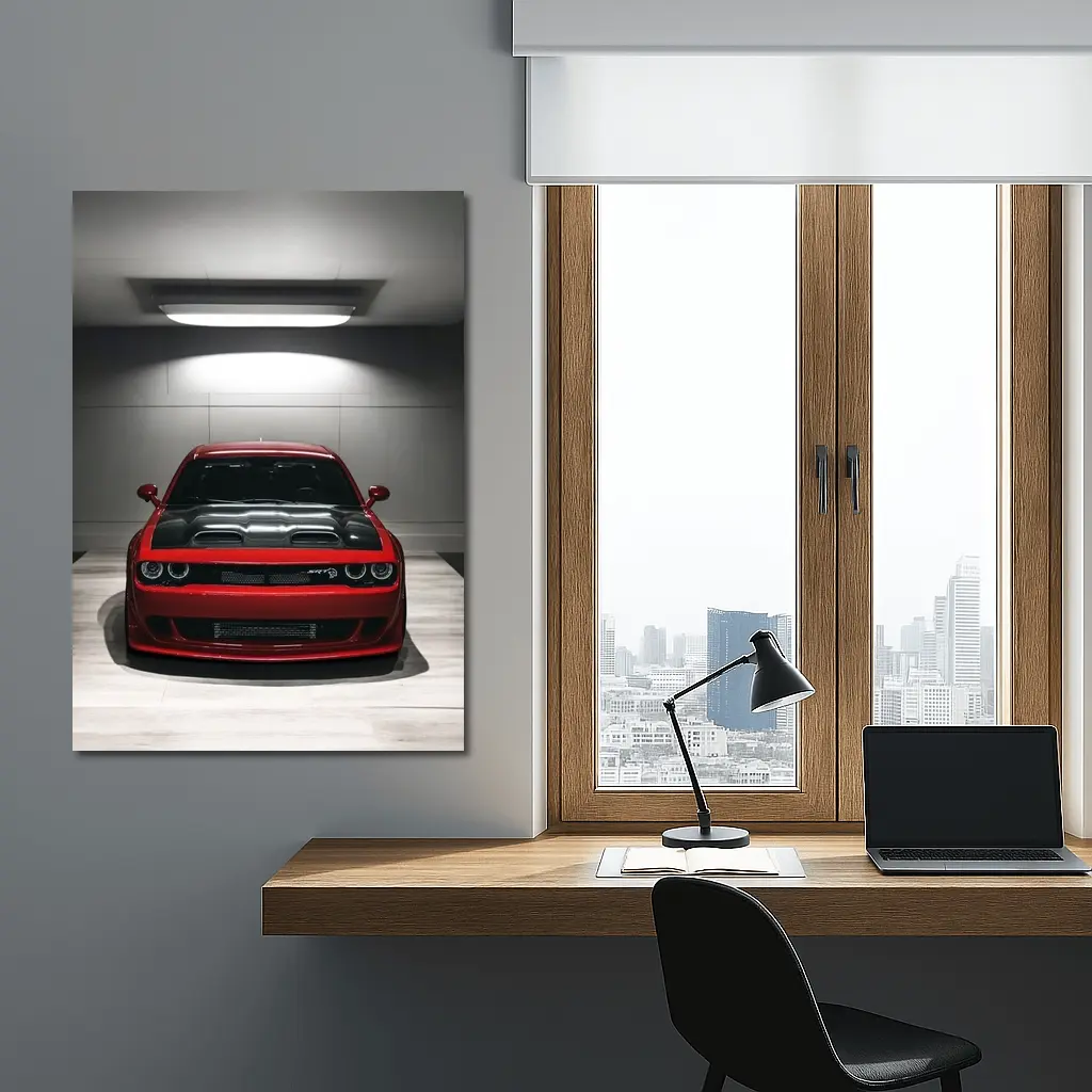 Red Dodge Challenger SRT Parked Indoor Garage – Wall Art