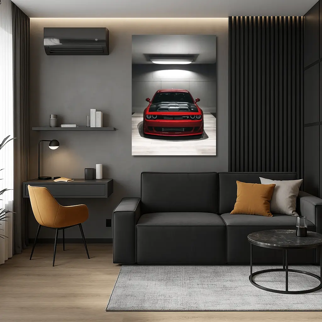 Red Dodge Challenger SRT Parked Indoor Garage – Wall Art