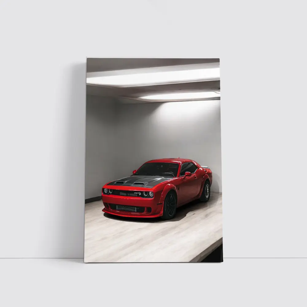 Red Dodge Challenger SRT Parked Indoor Garage – Wall Art