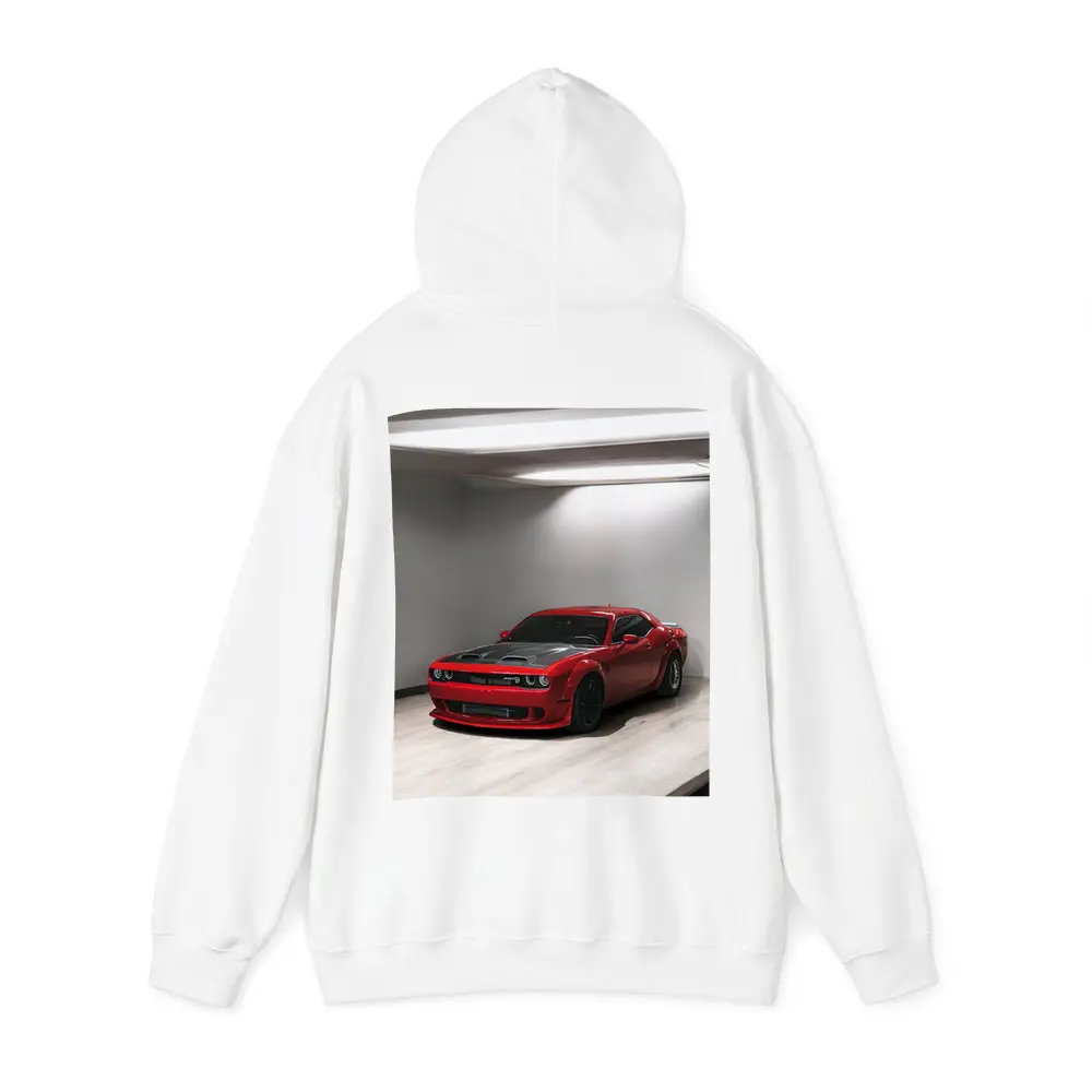 Red Dodge Challenger SRT Parked Indoor Garage – Hoodies