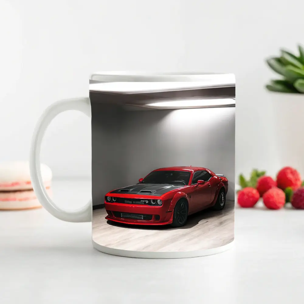 Red Dodge Challenger SRT Parked Indoor Garage – Mugs