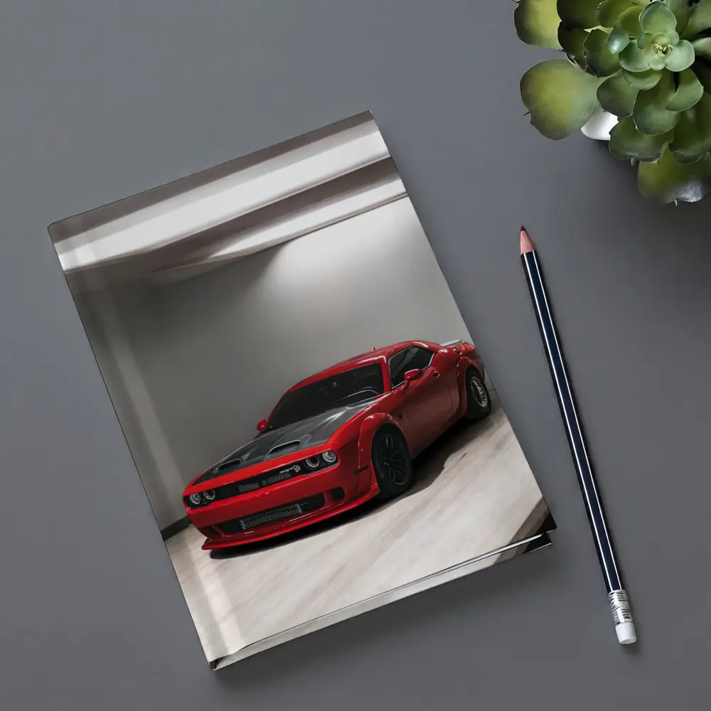 Red Dodge Challenger SRT Parked Indoor Garage – Notebooks