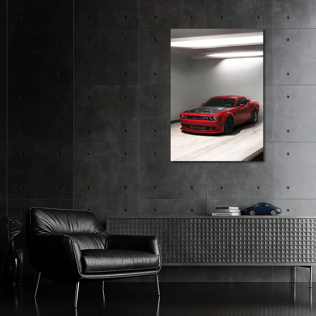 Red Dodge Challenger SRT Parked Indoor Garage – Wall Art