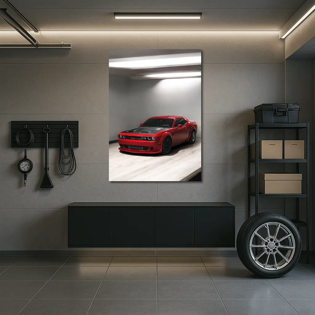 Red Dodge Challenger SRT Parked Indoor Garage – Wall Art