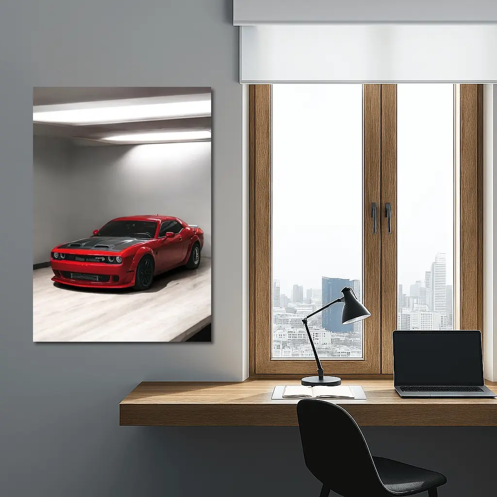 Red Dodge Challenger SRT Parked Indoor Garage – Wall Art