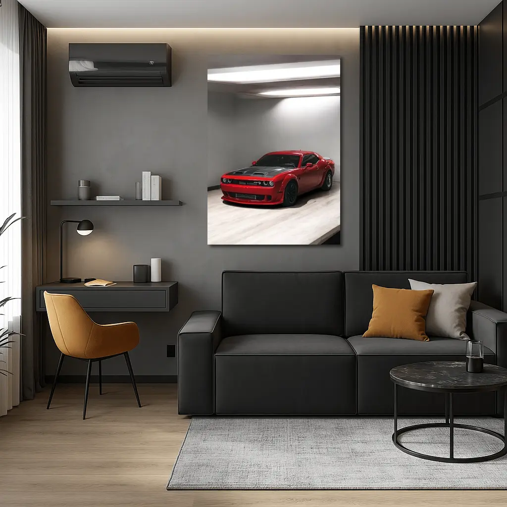 Red Dodge Challenger SRT Parked Indoor Garage – Wall Art