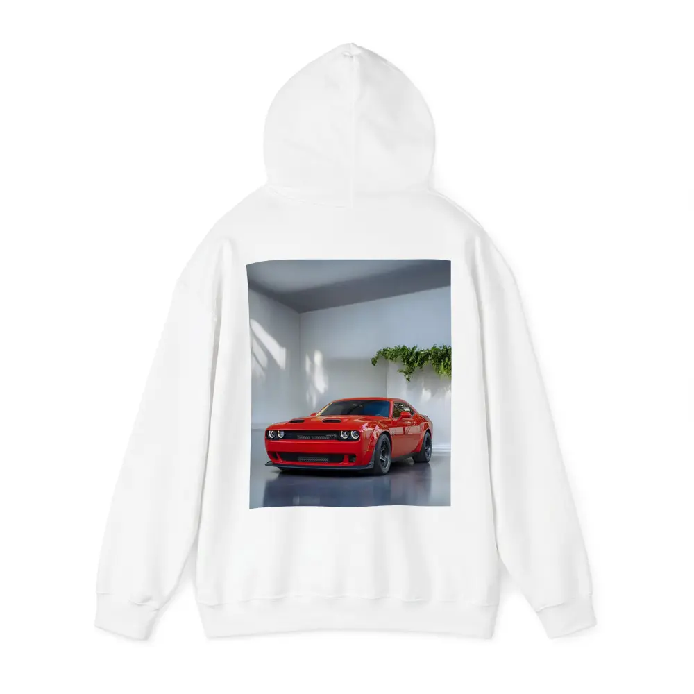 Red Dodge Challenger Parked In White Studio – Hoodies