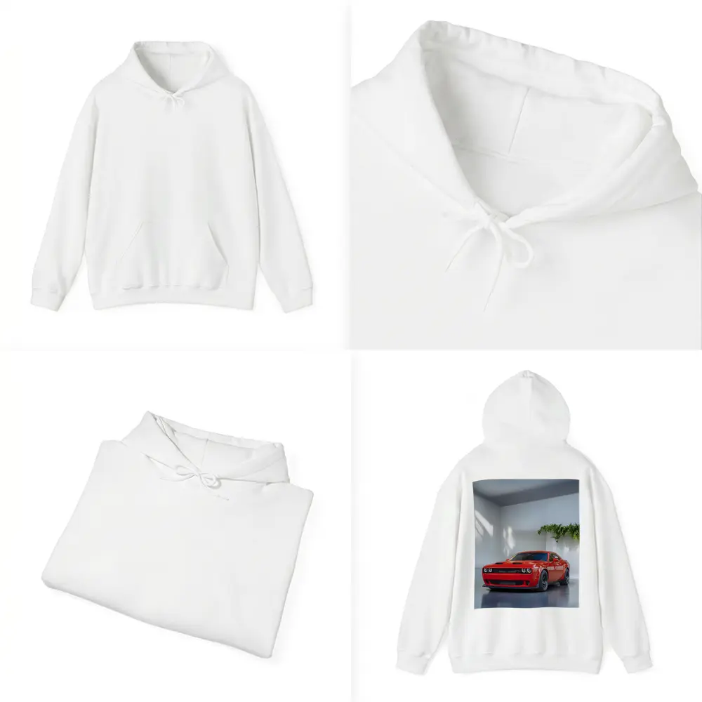 Red Dodge Challenger Parked In White Studio – Hoodies