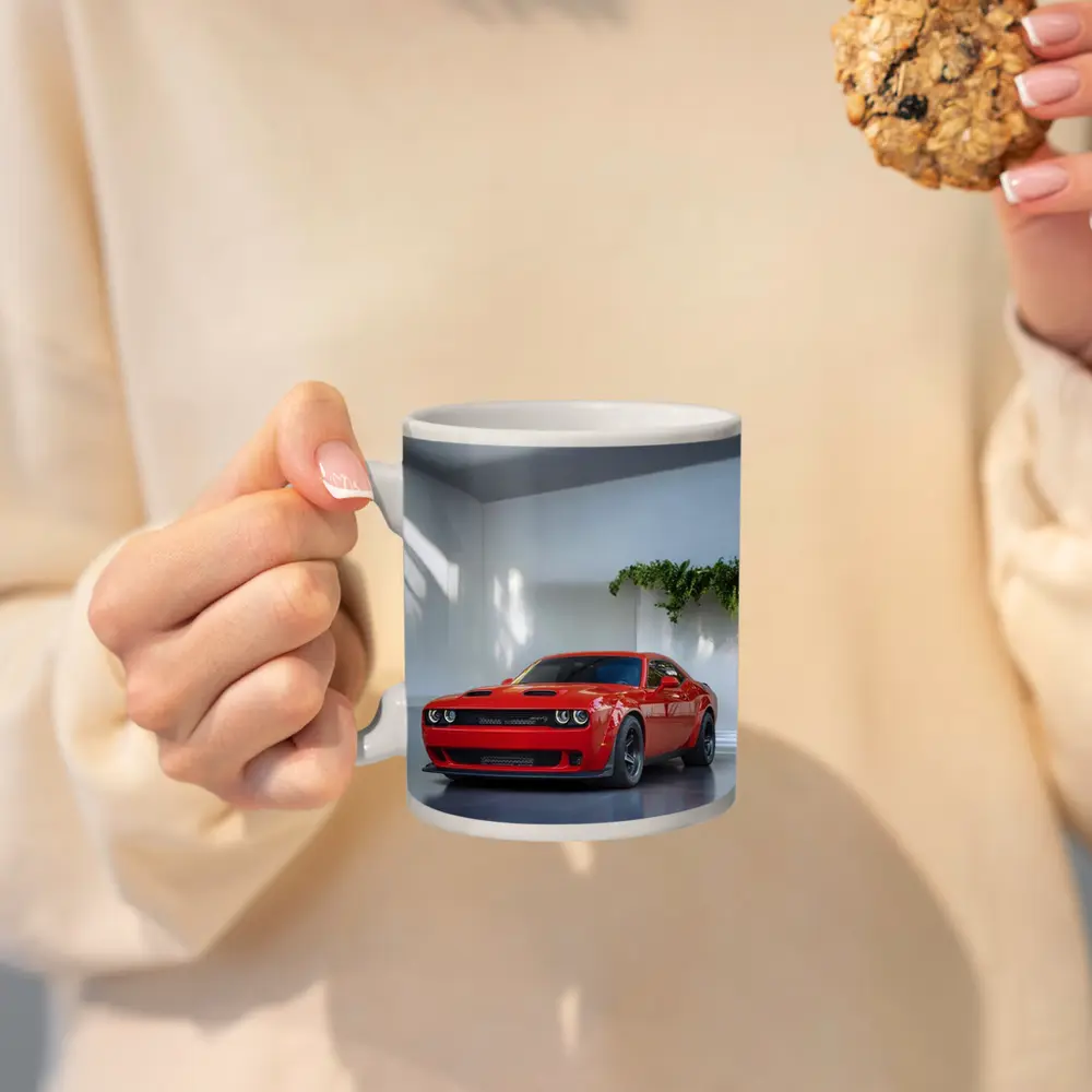 Red Dodge Challenger Parked In White Studio – Mugs