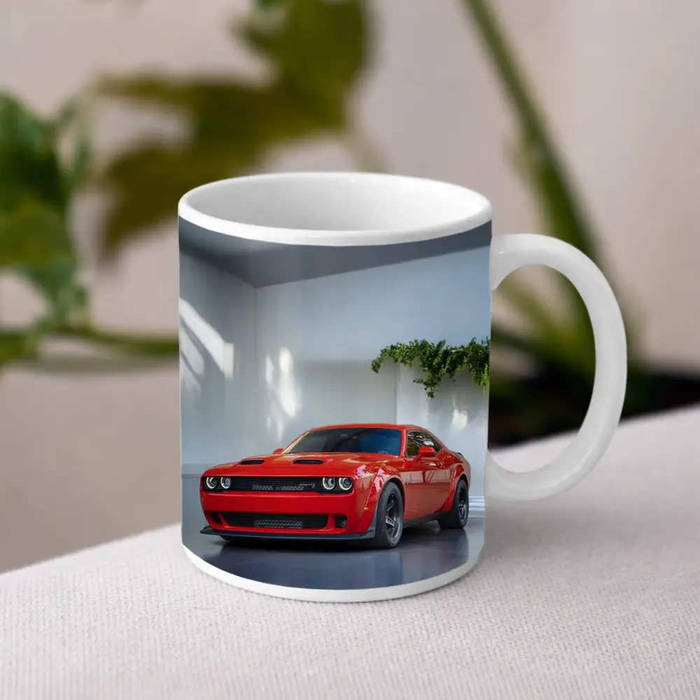 Red Dodge Challenger Parked In White Studio – Mugs