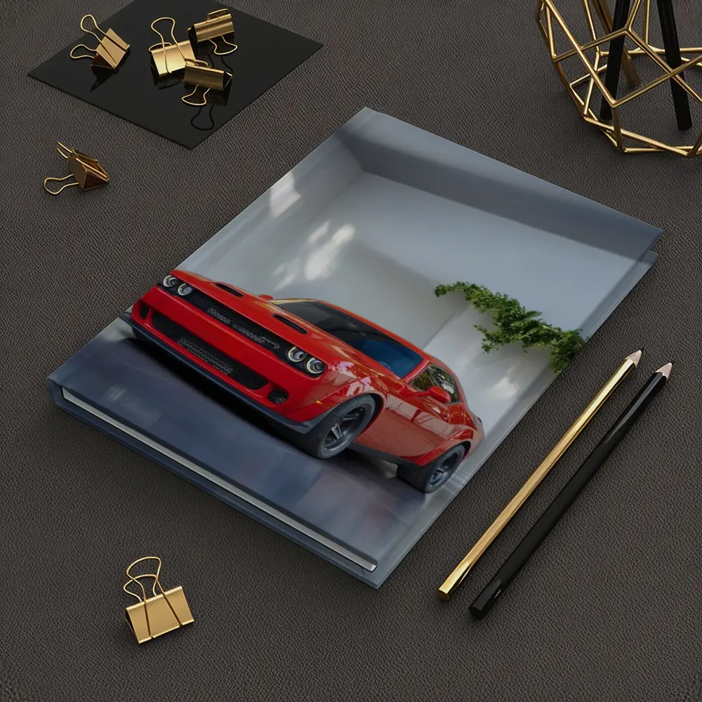 Red Dodge Challenger Parked In White Studio – Notebooks