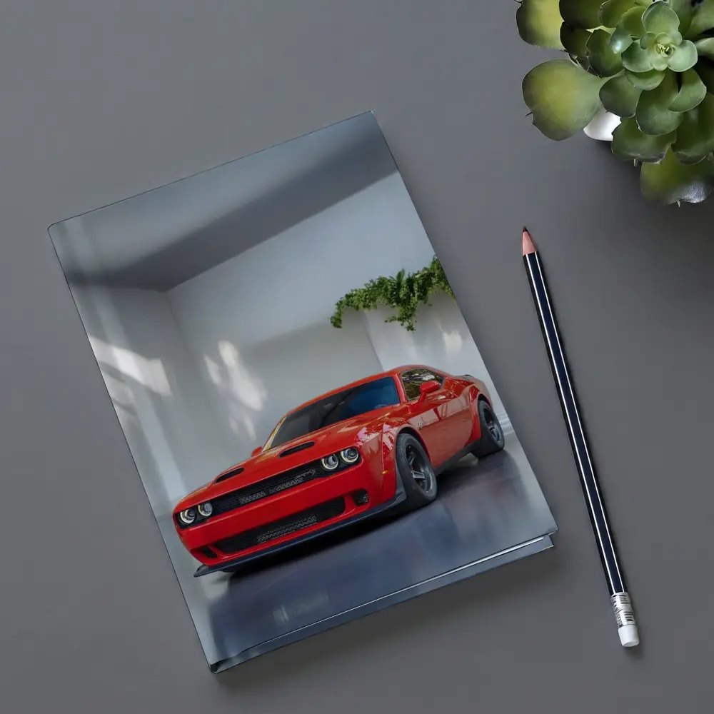Red Dodge Challenger Parked In White Studio – Notebooks