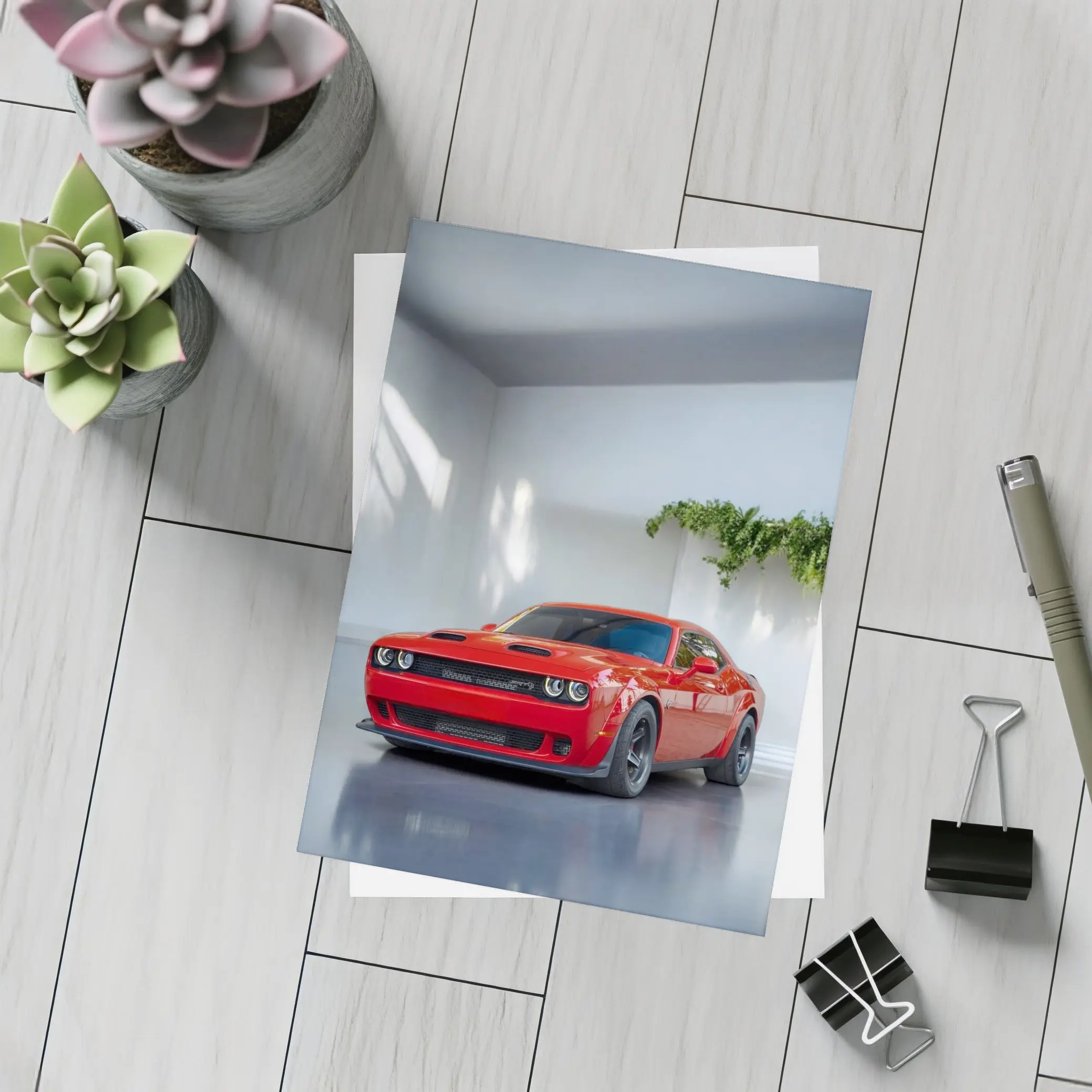Red Dodge Challenger Parked In White Studio – Postcards