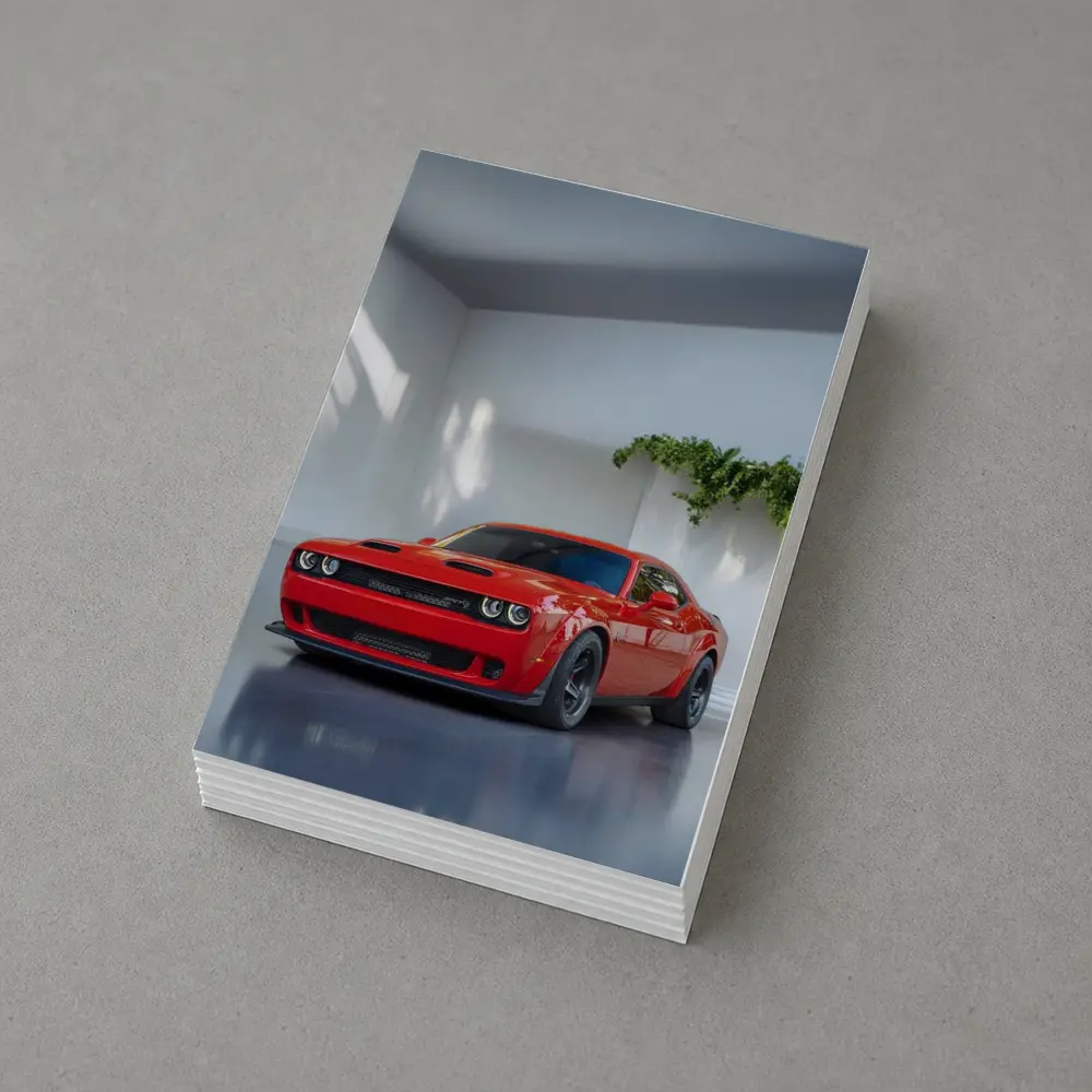 Red Dodge Challenger Parked In White Studio – Postcards