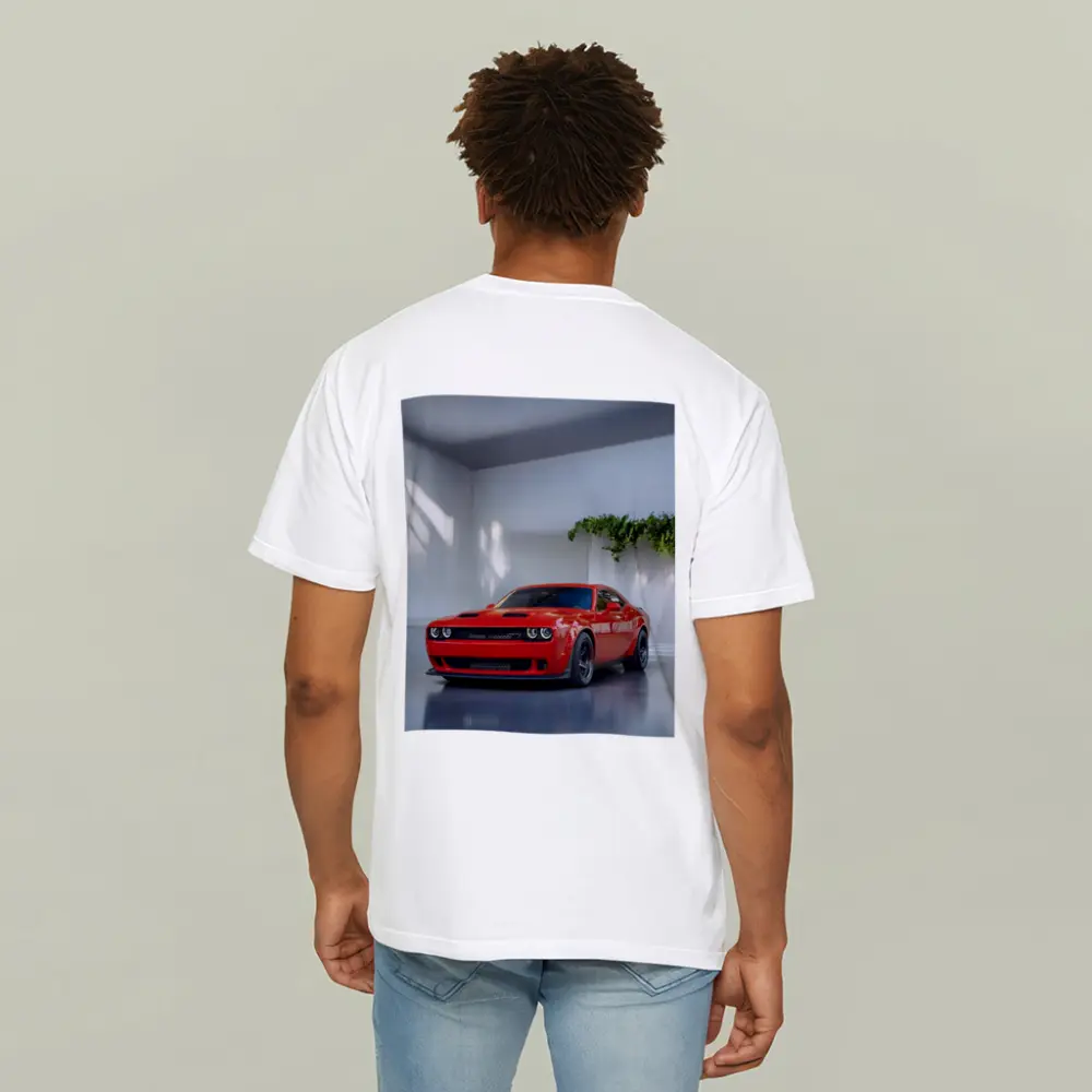 Red Dodge Challenger Parked In White Studio – T-Shirts