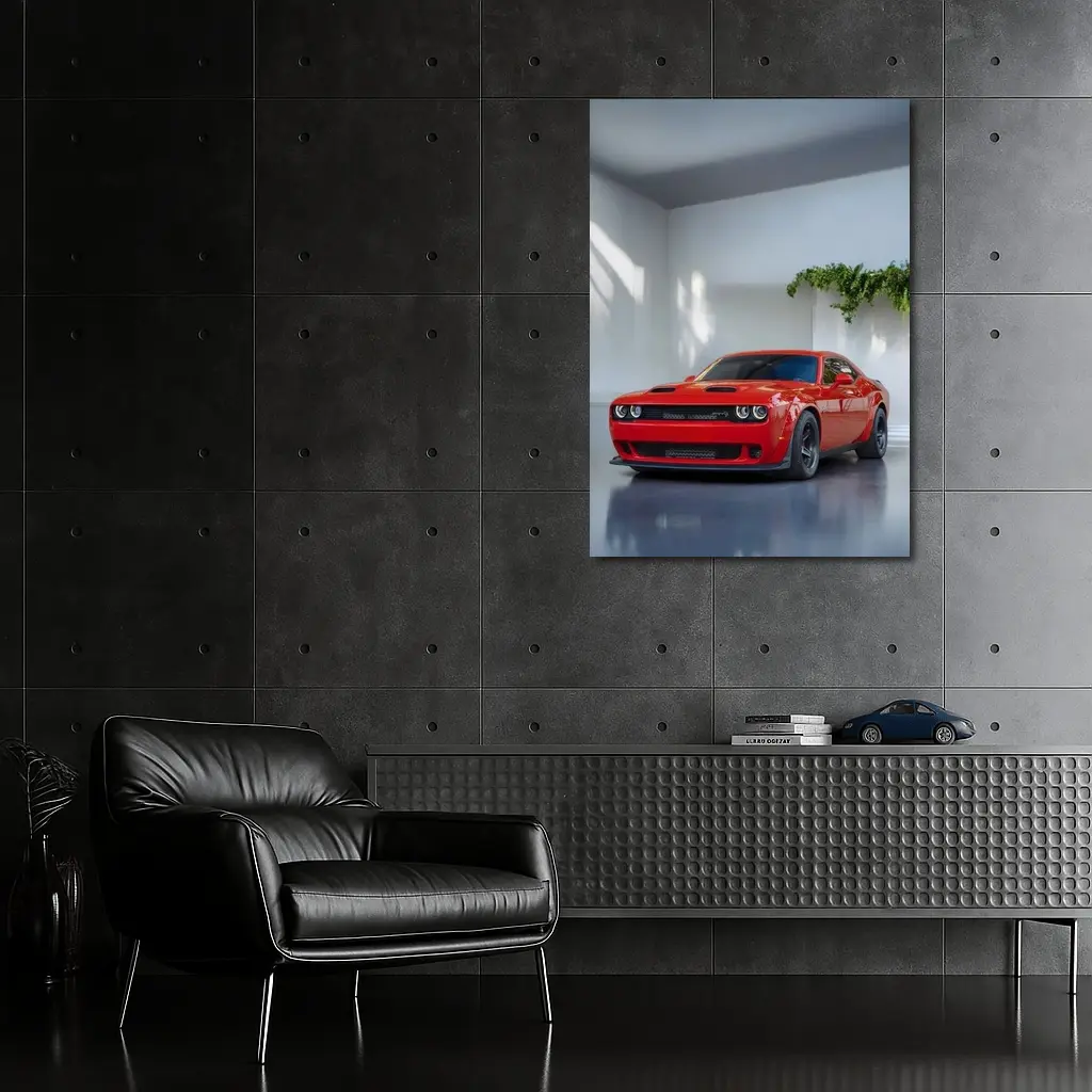 Red Dodge Challenger Parked In White Studio – Wall Art