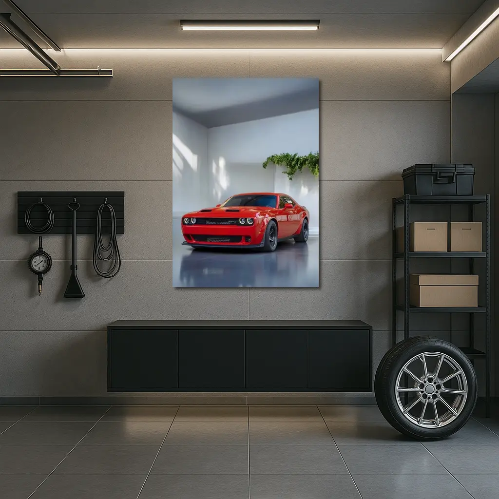 Red Dodge Challenger Parked In White Studio – Wall Art