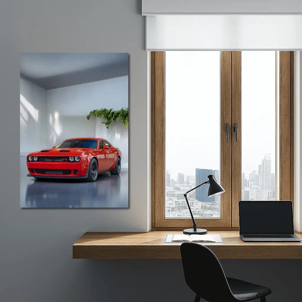 Red Dodge Challenger Parked In White Studio – Wall Art